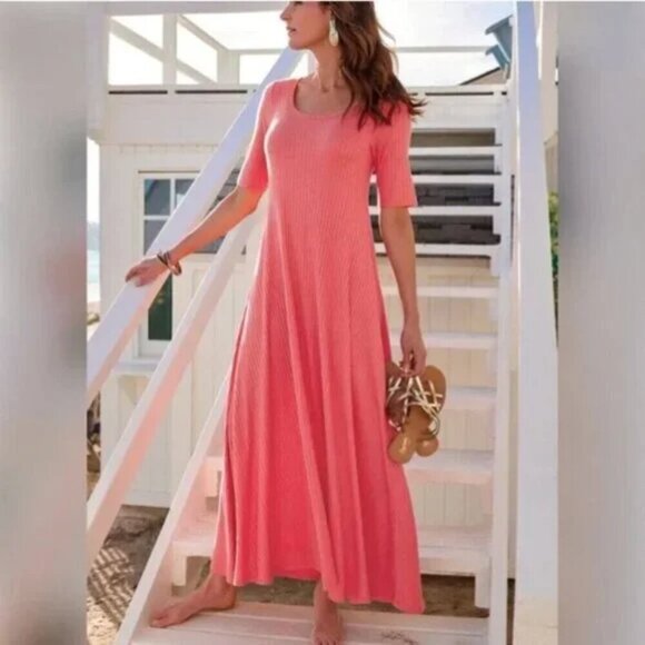 Soft Surroundings Santiago Maxi Dress Size Large Coral Reef Ribbed Vacation - Picture 1 of 10